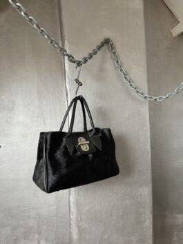 Vintage real leather handbag with cowhide black