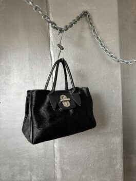 Vintage real leather handbag with cowhide black