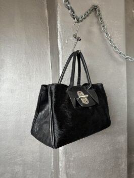 Vintage real leather handbag with cowhide black