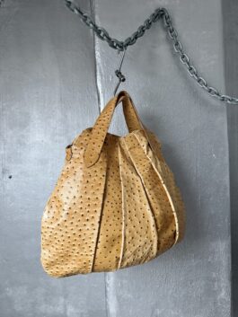 Vintage real leather ostrich large handbag beige brown