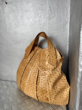 Vintage real leather ostrich large handbag beige brown