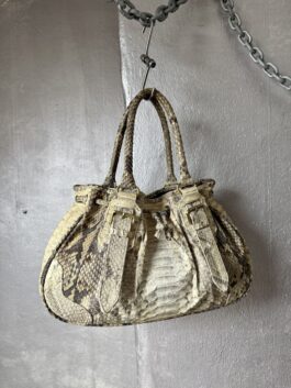 Vintage real leather shoulderbag with python skin beige