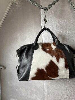 Vintage real leather large handbag with cowhide brown white