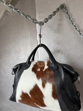 Vintage real leather large handbag with cowhide brown white
