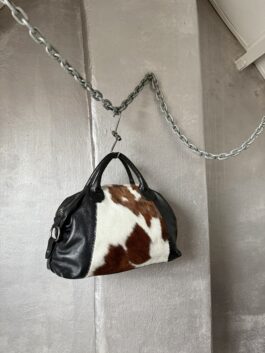Vintage real leather large handbag with cowhide brown white