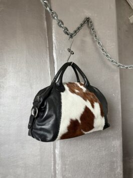 Vintage real leather large handbag with cowhide brown white