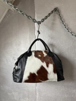 Vintage real leather large handbag with cowhide brown white