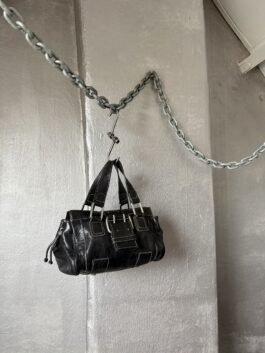 Vintage real leather handbag with buckle strap black