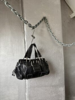 Vintage real leather handbag with buckle strap black