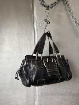 Vintage real leather handbag with buckle strap black