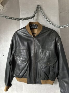 Vintage oversized real leather bomber jacket black