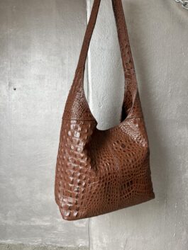 Vintage real leather crossbody with crocodile skin brown