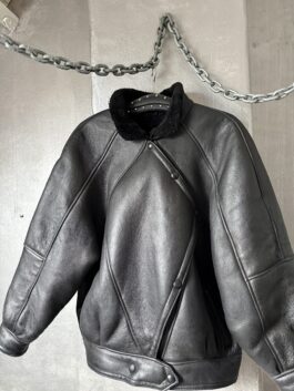 Vintage oversized real leather shearling lammy coat black