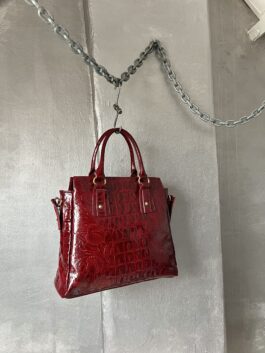 Vintage real leather large handbag with crocodile skin wine red