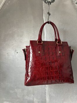 Vintage real leather large handbag with crocodile skin wine red