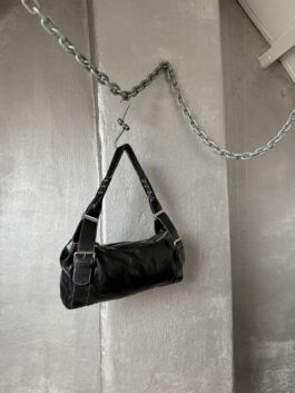 Vintage real leather shoulderbag with buckle straps black