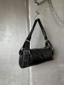 Vintage real leather shoulderbag with buckle straps black