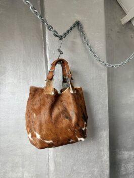 Vintage real leather large handbag with cowhide brown