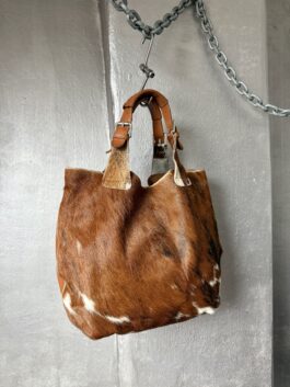Vintage real leather large handbag with cowhide brown