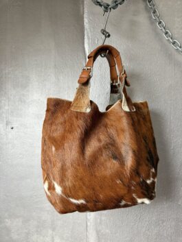 Vintage real leather large handbag with cowhide brown