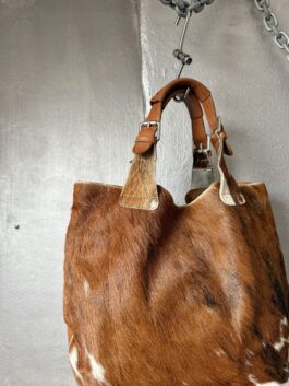 Vintage real leather large handbag with cowhide brown