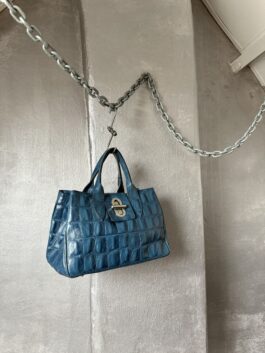 Vintage real leather handbag with crocodile skin blue