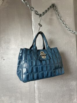 Vintage real leather handbag with crocodile skin blue