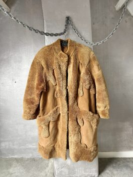 Vintage oversized real leather lammy shearling coat beige brown