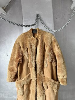 Vintage oversized real leather lammy shearling coat beige brown