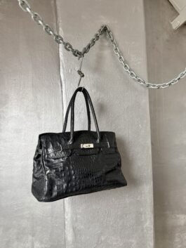 Vintage real leather handbag with crocodile skin black