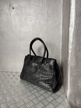 Vintage real leather handbag with crocodile skin black
