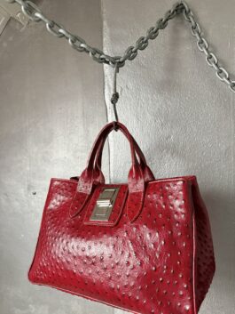 Vintage real leather ostrich handbag wine red