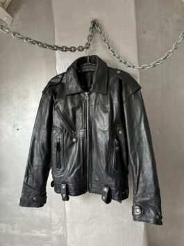 Vintage oversized real leather racing jacket black