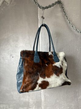 Vintage real leather shoulderbag with cowhide and crocodile skin brown