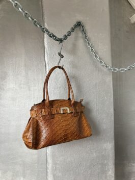 Vintage real leather handbag with crocodile skin cognac brown