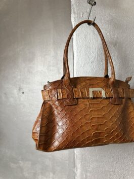 Vintage real leather handbag with crocodile skin cognac brown