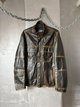 Vintage real leather funnel neck racing jacket washed brown