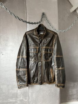 Vintage real leather funnel neck racing jacket washed brown