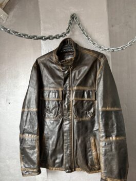 Vintage real leather funnel neck racing jacket washed brown