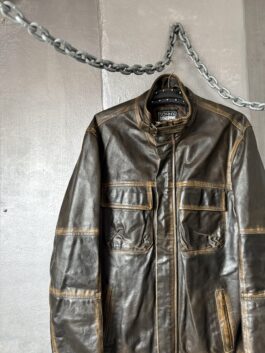 Vintage real leather funnel neck racing jacket washed brown