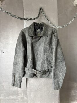 Vintage oversized rough real leather biker jacket washed grey