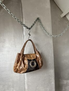 Vintage real leather shoulderbag with cowhide and crocodile skin brown