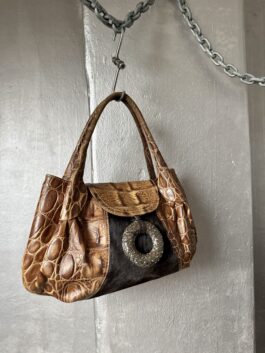 Vintage real leather shoulderbag with cowhide and crocodile skin brown