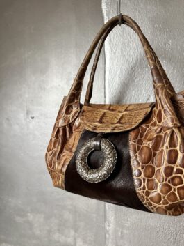 Vintage real leather shoulderbag with cowhide and crocodile skin brown