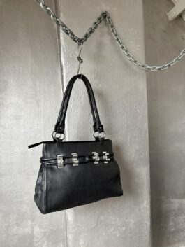 Vintage real leather shoulderbag with silver hardware black