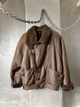 Vintage oversized real leather lammy shearling coat brown