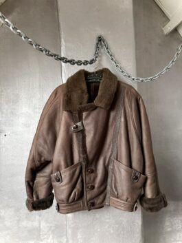 Vintage oversized real leather lammy shearling coat brown