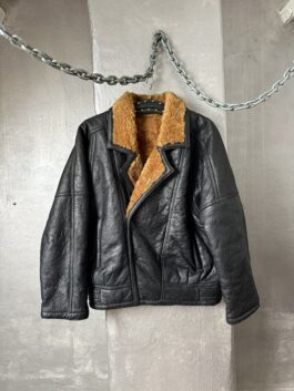 Vintage oversized real leather shearling lammy coat black brown