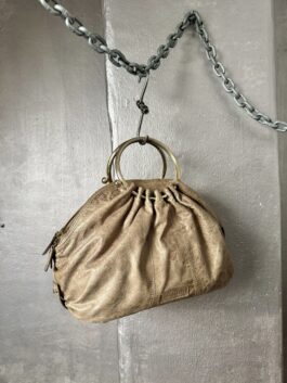 Vintage real leather handbag with gold handle beige taupe