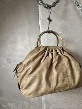 Vintage real leather handbag with gold handle beige taupe